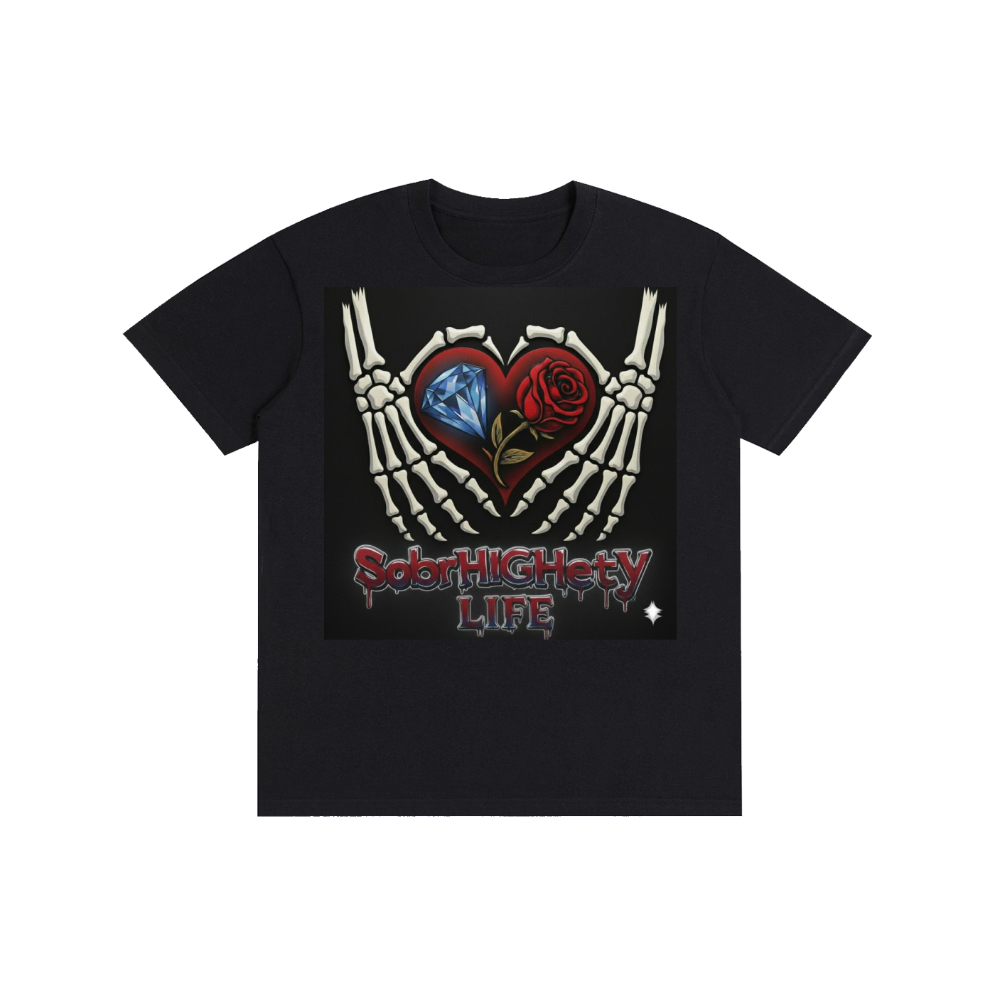 Classic Black t-shirt with a skeleton hands and heart logo on the front and a colorful list of recovery values on the back.