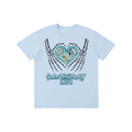 Sky Blue t-shirt with a teal heart and skeleton hands graphic on the front and blue recovery values on the back.