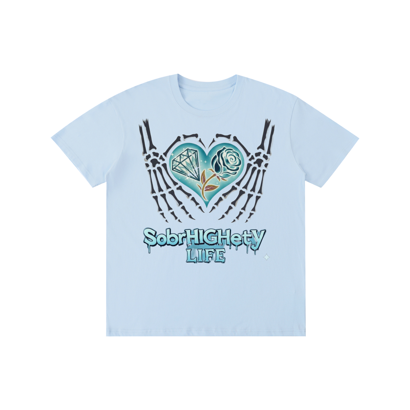 Sky Blue t-shirt with a teal heart and skeleton hands graphic on the front and blue recovery values on the back.