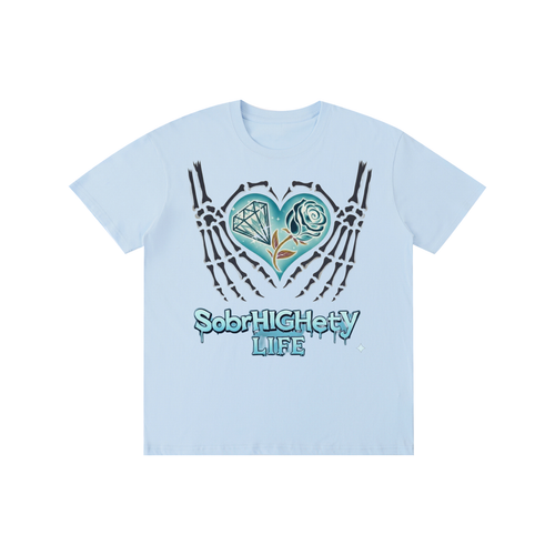 Sky Blue t-shirt with a teal heart and skeleton hands graphic on the front and blue recovery values on the back.