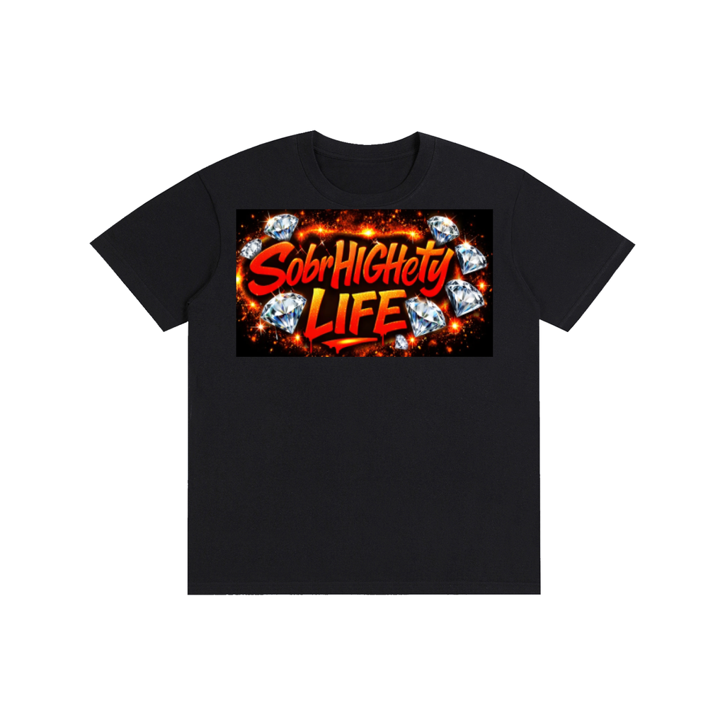 Diamonds SobrHIGHetyLIFE product photo: Black 100% cotton t-shirt featuring a vibrant colorful smoke abstract logo design.