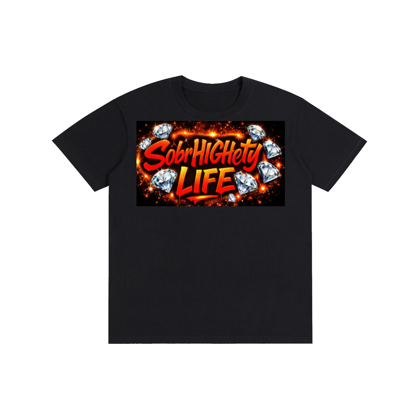 Diamonds SobrHIGHetyLIFE product photo: Black 100% cotton t-shirt featuring a vibrant colorful smoke abstract logo design.